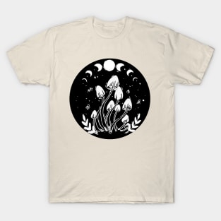 familiy mushroom black circle moon phase night magical fungus T-Shirt